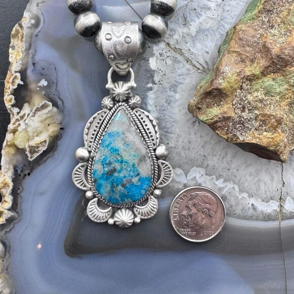 Sterling Silver Southwestern Style Teardrop Iranian Turquoise Decorated Pendant - Picture 8 of 10